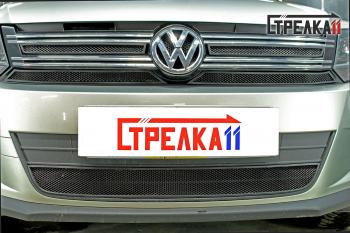 3 999 р. Защита радиатора (верх 4 части) Стрелка11 Стандарт Volkswagen Tiguan NF рестайлинг (2011-2017) (черная)  с доставкой в г. Тамбов. Увеличить фотографию 1