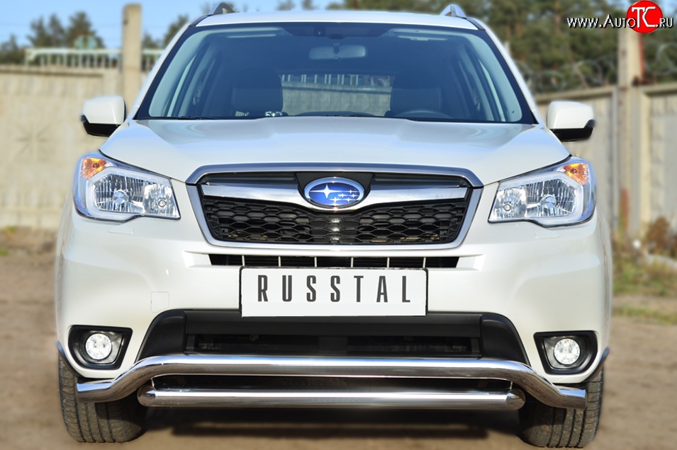 21 899 р. Защита переднего бампера (2 трубыØ63 мм, волна, нержавейка) Russtal Subaru Forester SJ дорестайлинг (2012-2016)  с доставкой в г. Тамбов