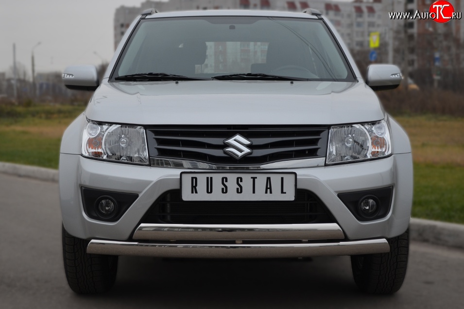 22 299 р. Защита переднего бампера (2 трубыØ75х42 мм, нержавейка) Russtal Suzuki Grand Vitara JT 3 двери 2-ой рестайлинг (2012-2016)  с доставкой в г. Тамбов