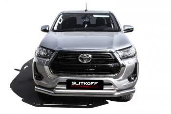 28 949 р. Защита переднего бампера Slitkoff (Ø 76+Ø 57, двойная).  Toyota Hilux  AN120 (2017-2020) 1-ый рестайлинг (Нержавеющая сталь)  с доставкой в г. Тамбов. Увеличить фотографию 2