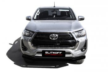 17 599 р. Защита переднего бампера Slitkoff (Ø 76+Ø 57 мм, двойная). Toyota Hilux AN120 1-ый рестайлинг (2017-2020) (Сталь с полимерным покрытием. Цвет: черный)  с доставкой в г. Тамбов. Увеличить фотографию 2