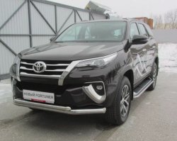 22 699 р. Защита переднего бампера Slitkoff (Ø 76+Ø 57 мм, двойная)  Toyota Fortuner  AN160 (2015-2020) дорестайлинг (Цвет: нержавеющая полированная сталь)  с доставкой в г. Тамбов. Увеличить фотографию 2