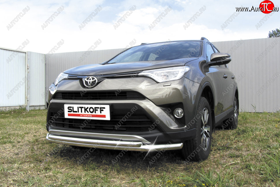 11 849 р. Защита переднего бампера Slitkoff (Ø57 и 42 мм) Toyota RAV4 XA40 5 дв. рестайлинг (2015-2019) (Нержавейка полированная)  с доставкой в г. Тамбов