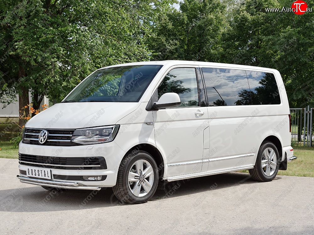 15 649 р. Защита переднего бампера (2 трубыØ42 мм, нержавейка) Russtal Volkswagen Transporter T6 дорестайлинг (2015-2019)  с доставкой в г. Тамбов