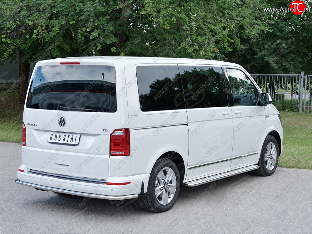 11 449 р. Защита заднего бампера (Ø42 мм, нержавейка, длинная версия) Russtal Volkswagen Caravelle T6 дорестайлинг (2015-2019)  с доставкой в г. Тамбов