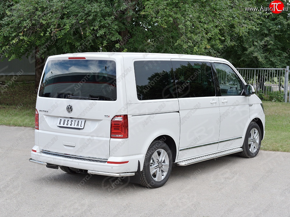 11 449 р. Защита заднего бампера (Ø42 мм, нержавейка, уголки) Russtal Volkswagen Caravelle T6 дорестайлинг (2015-2019)  с доставкой в г. Тамбов