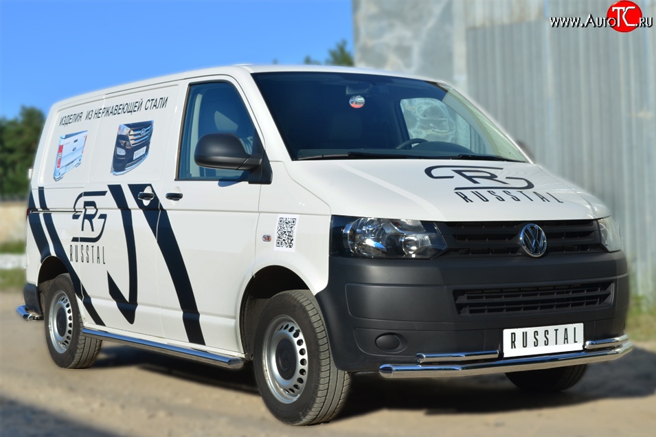 10 849 р. Правая защита порогов из круглой трубы диаметром 63 мм Russtal Volkswagen Transporter T6 дорестайлинг (2015-2019) (Защита порогов с со скосами на торцах (вариант 1))  с доставкой в г. Тамбов