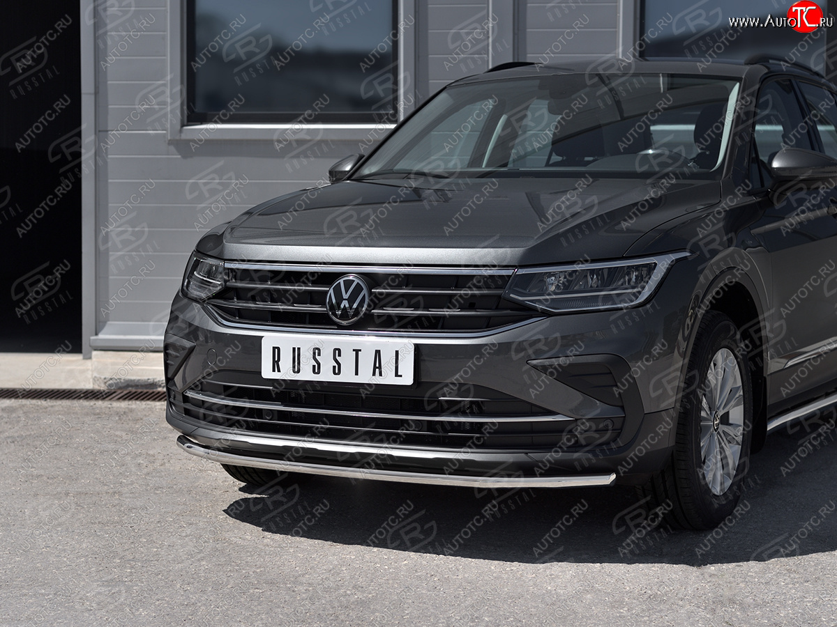 12 499 р. Защита переднего бампера (Ø42 мм нержавейка, NOT R-LINE) SLITKOFF Volkswagen Tiguan Mk2 рестайлинг (2020-2022) (полированная нержавейка)  с доставкой в г. Тамбов