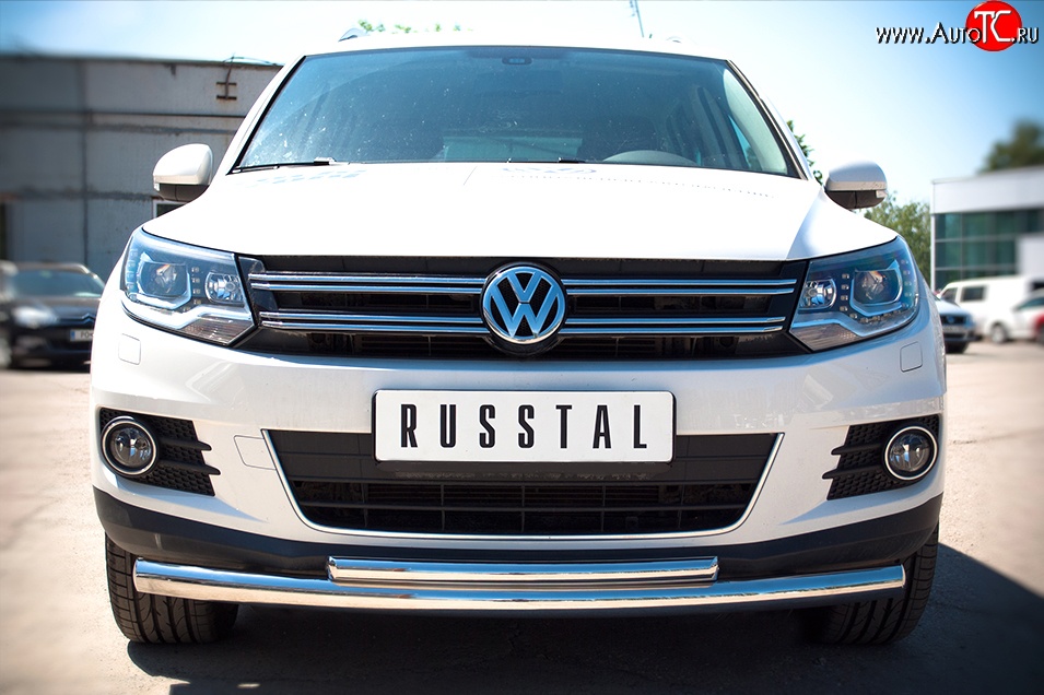 10 249 р. Защита переднего бампера (2 трубыØ63 и 42 мм, нержавейка) Russtal Volkswagen Tiguan NF рестайлинг (2011-2017)  с доставкой в г. Тамбов