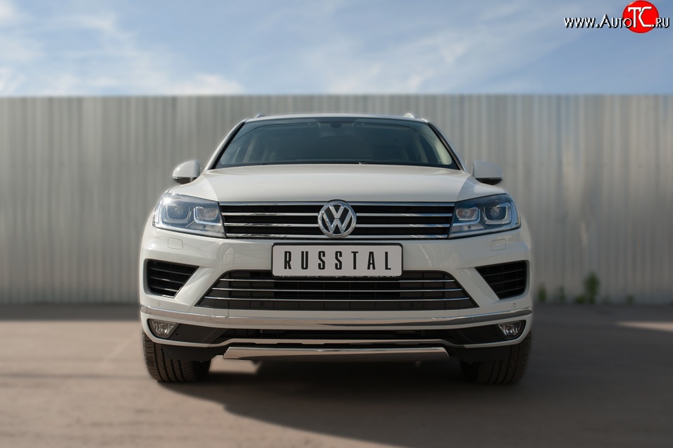 15 649 р. Защита переднего бампера (Ø75х42 мм, нержавейка) Russtal Volkswagen Touareg NF рестайлинг (2014-2018)  с доставкой в г. Тамбов