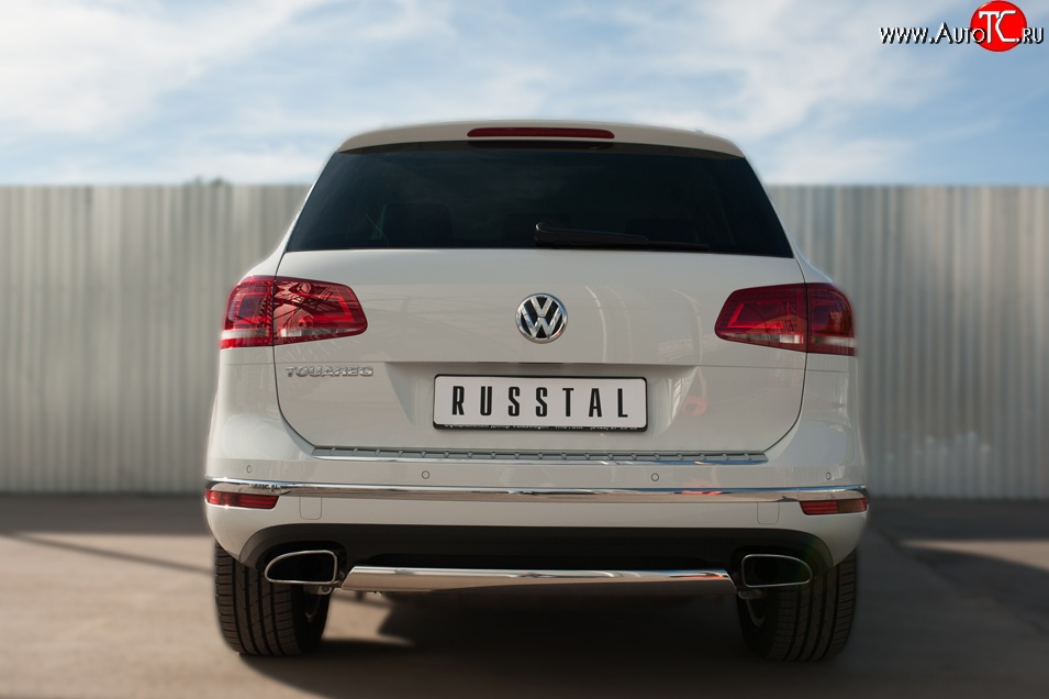 15 649 р. Защита заднего бампера (Ø75x42 мм, нержавейка) Russtal Volkswagen Touareg NF рестайлинг (2014-2018)  с доставкой в г. Тамбов